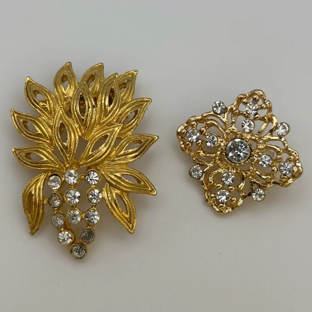 Vintage Rhinestone Gold Tone Brooch Pins Bundle of 2 Estate Costume Jewelry Lot - Picture 10 of 10
